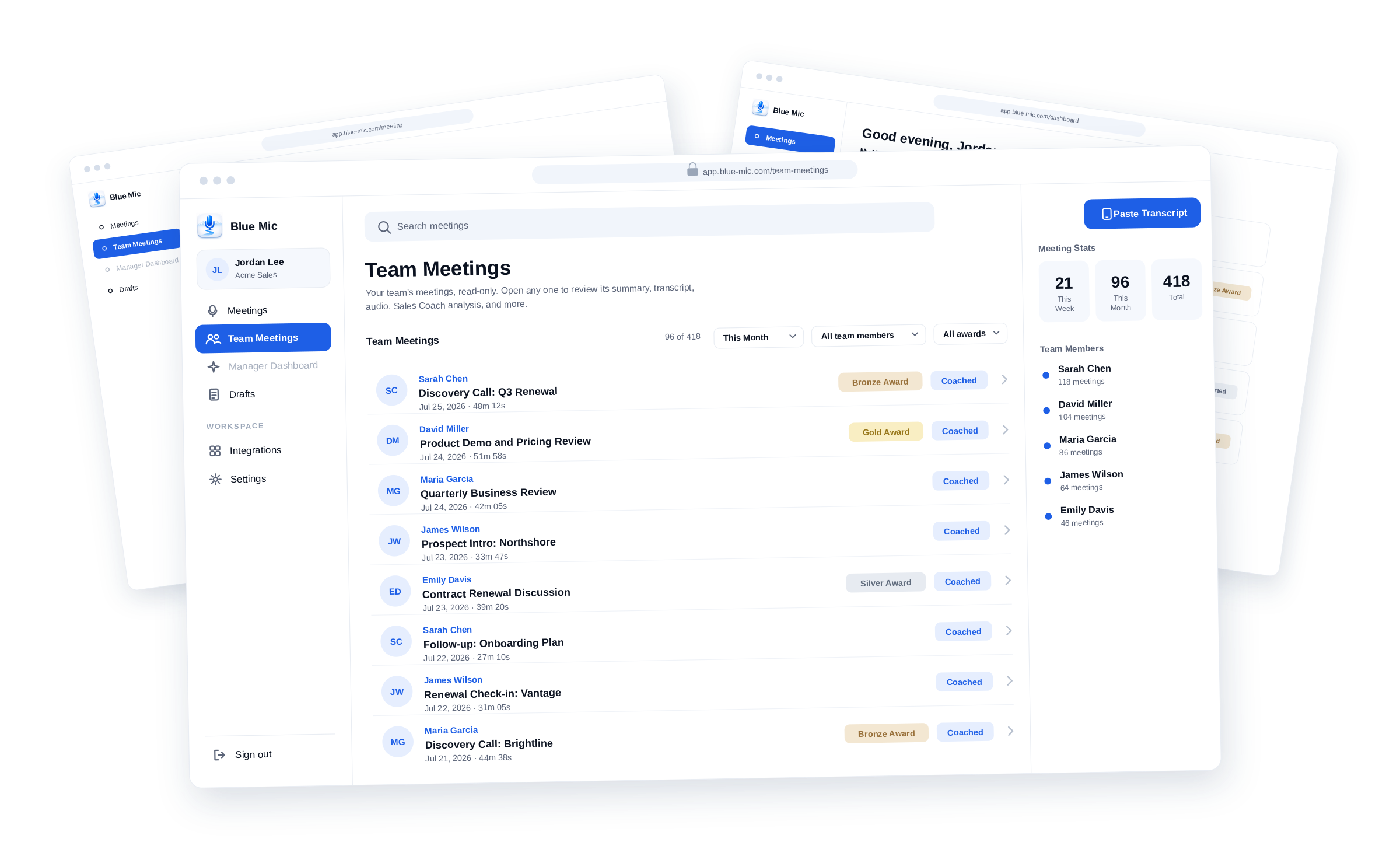 Blue Mic Team Meetings: a manager's read-only view of their sales reps' meetings, showing Sales Coach award badges (bronze, silver, gold), coaching status, per-rep activity, and team-wide meeting stats.
